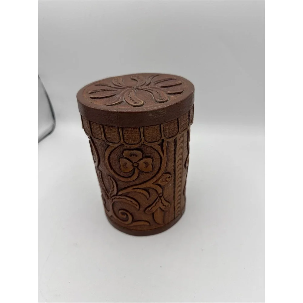 Vintage Hand Tooled Saddle Leather Container Vase Floral Old Western Style
